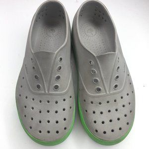 Natives Shoes, Miller, boy's size J3, grey with green band around sole.